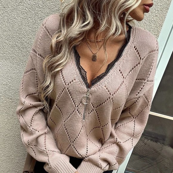 . Sweaters - Dusty Pink Boho Womens Lace detailed Sweater